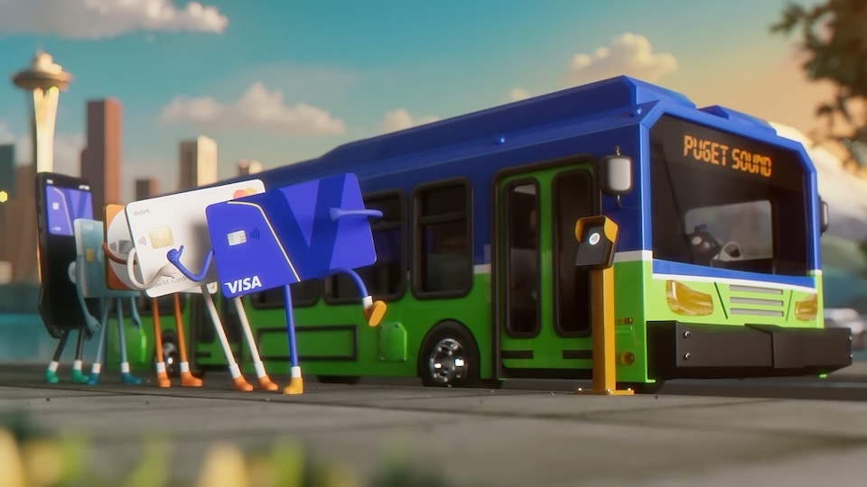 Animated credit cards wait to get on bus