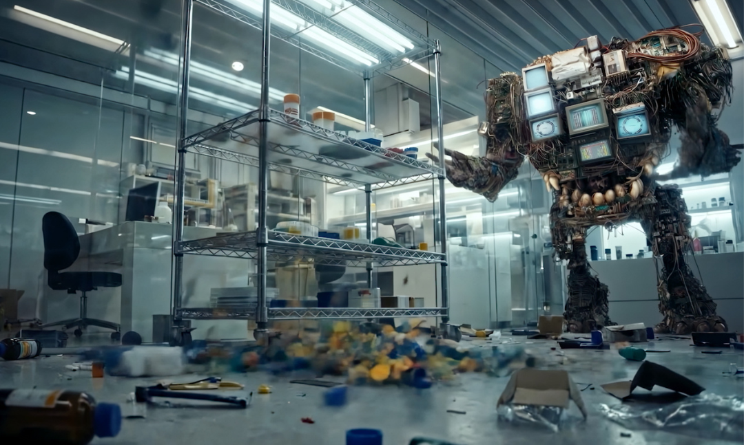 monster made of computer parts and wires destroys a lab