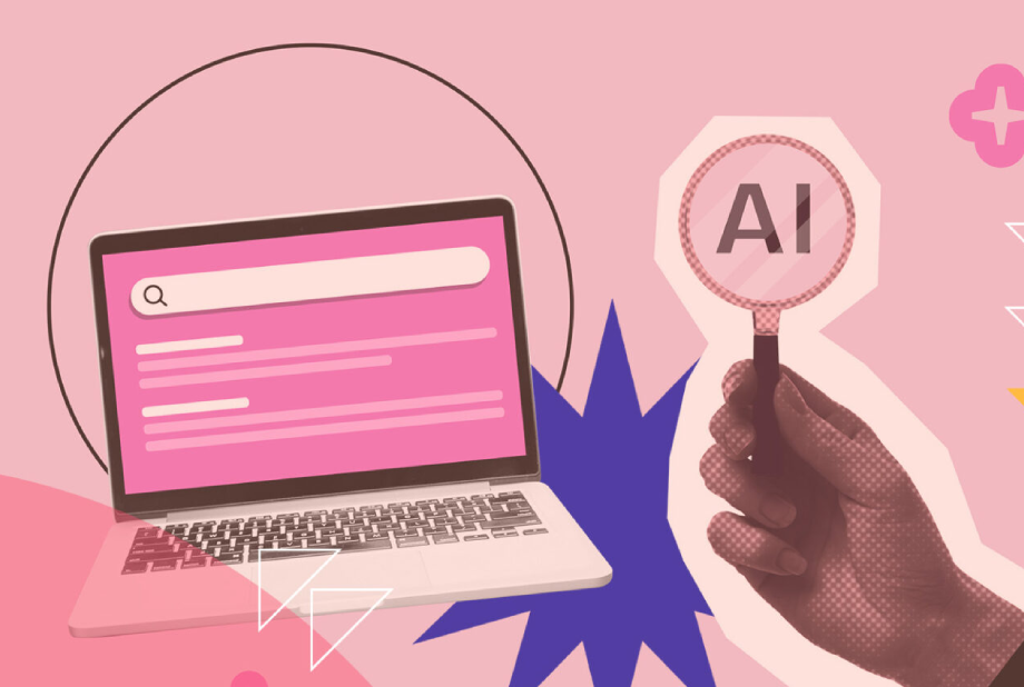 Illustration of a laptop next to a hand holding a magnifying glass