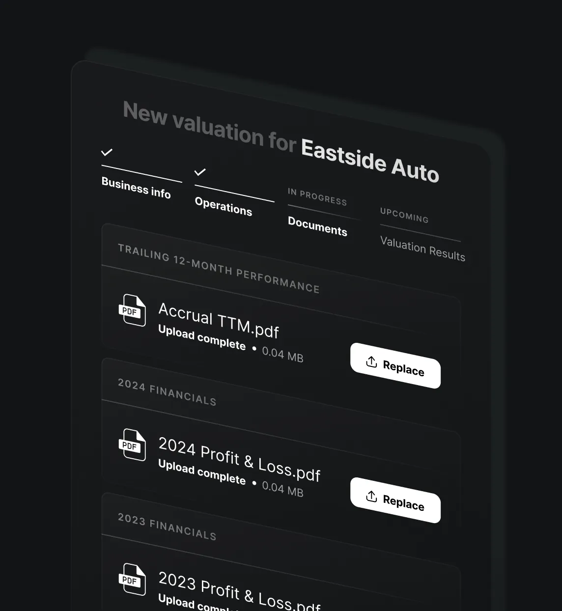 Digital interface showing document uploads for Eastside Auto valuation including Accrual TTM, 2024 and 2023 Profit & Loss PDFs with completed uploads and replace buttons.