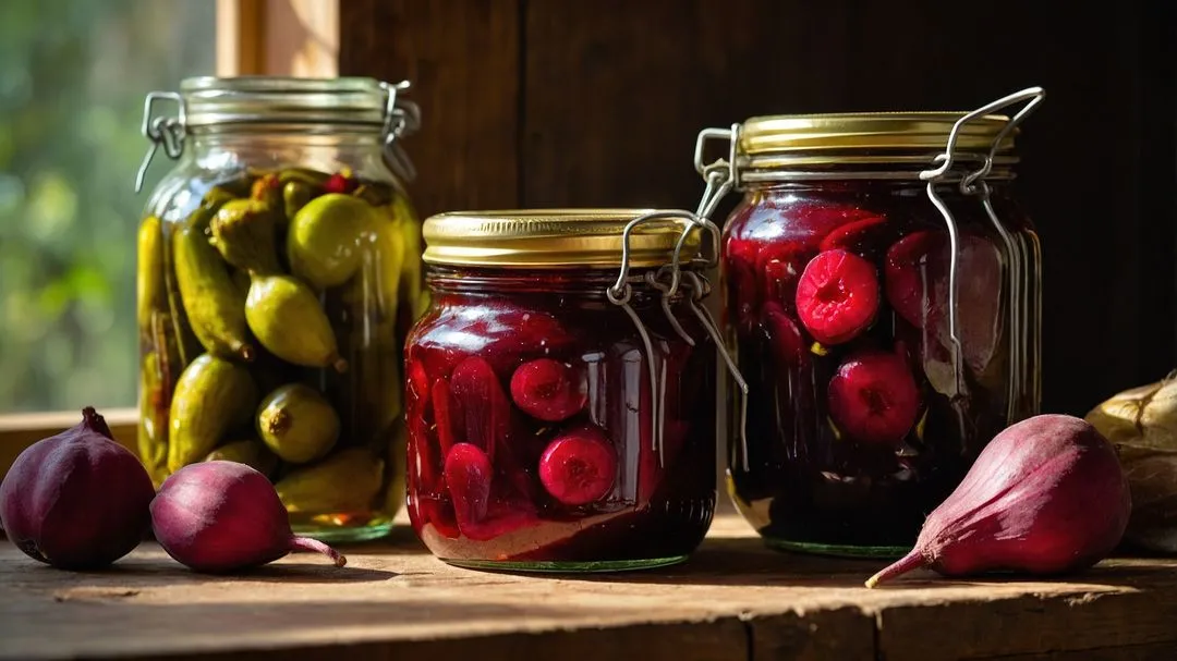 Warm Rustic Kitchen with pickled vegetables.