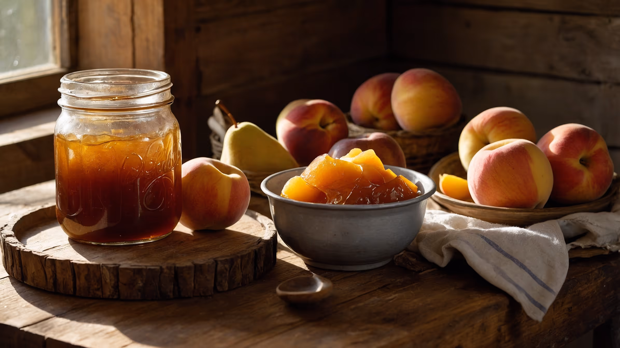 Fresh peaches and peach preserves on wooden table