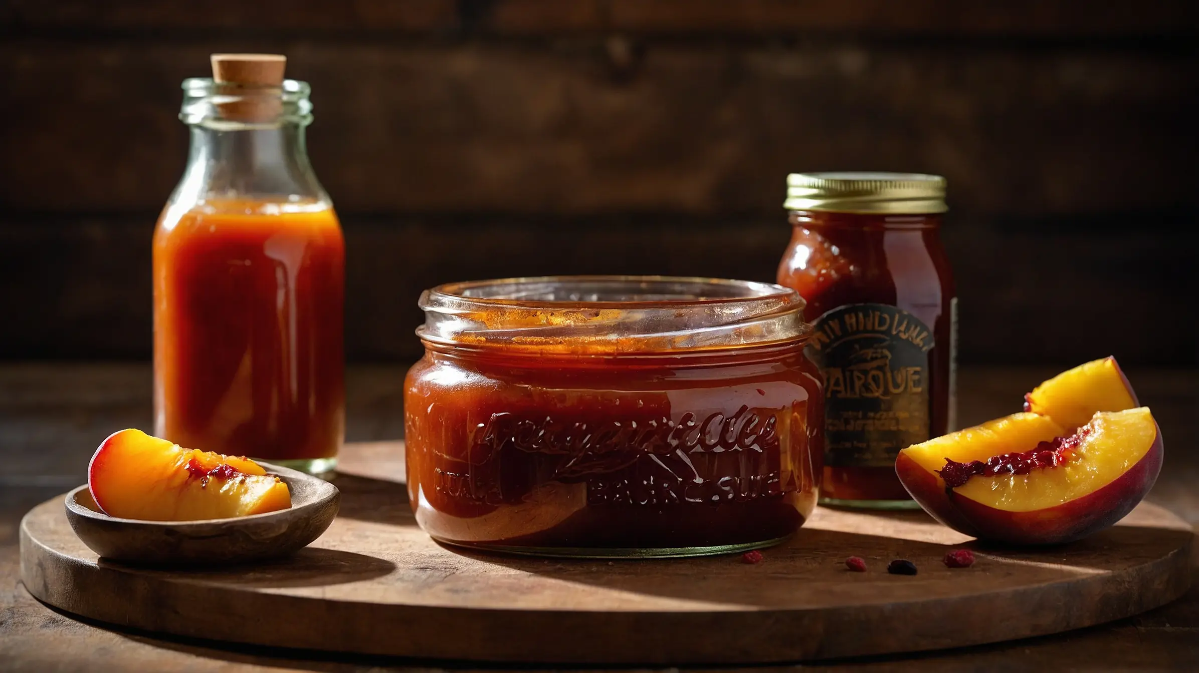 Rustic peach jam with fresh peaches on wooden table