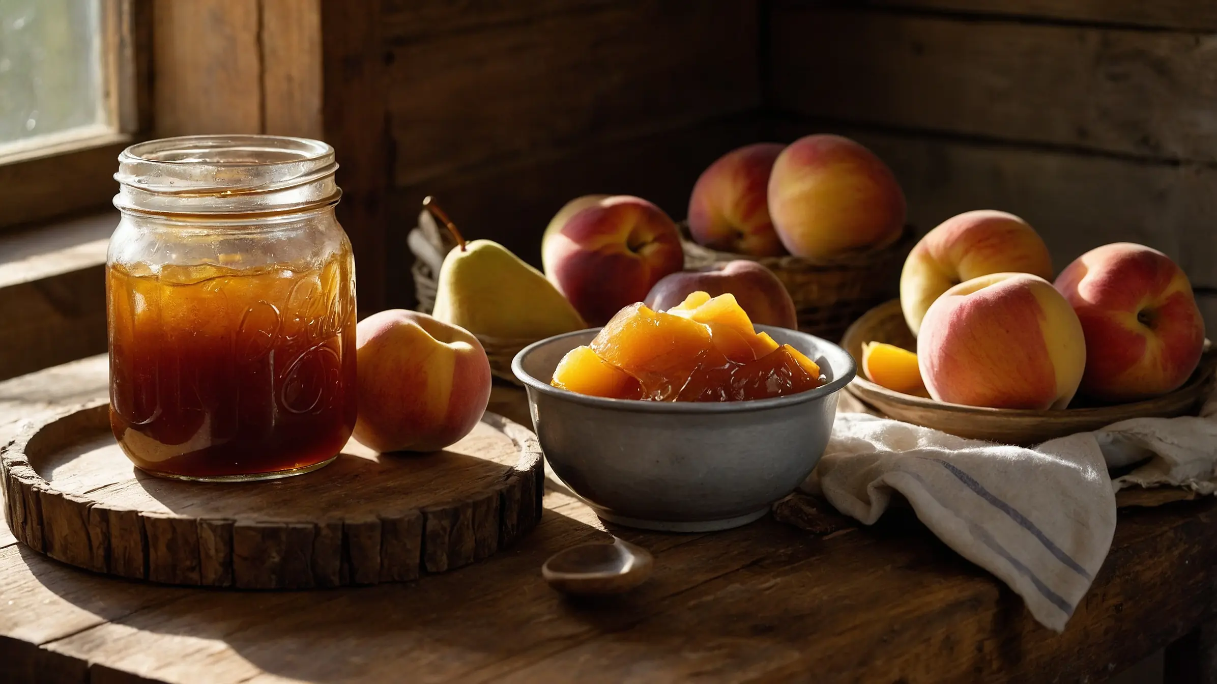 Fresh peaches and homemade peach jam on rustic wooden table