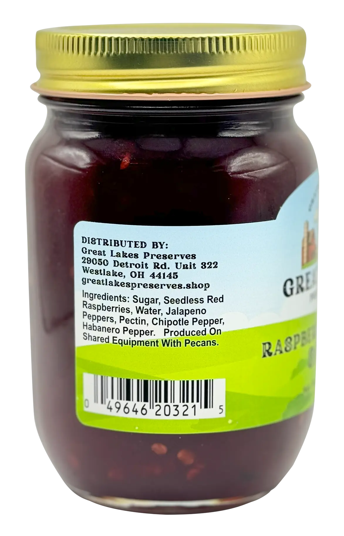 Great Lakes Preserves Raspberry Chipotle Sauce — ingredients and distributor side label with barcode on 16 oz jar