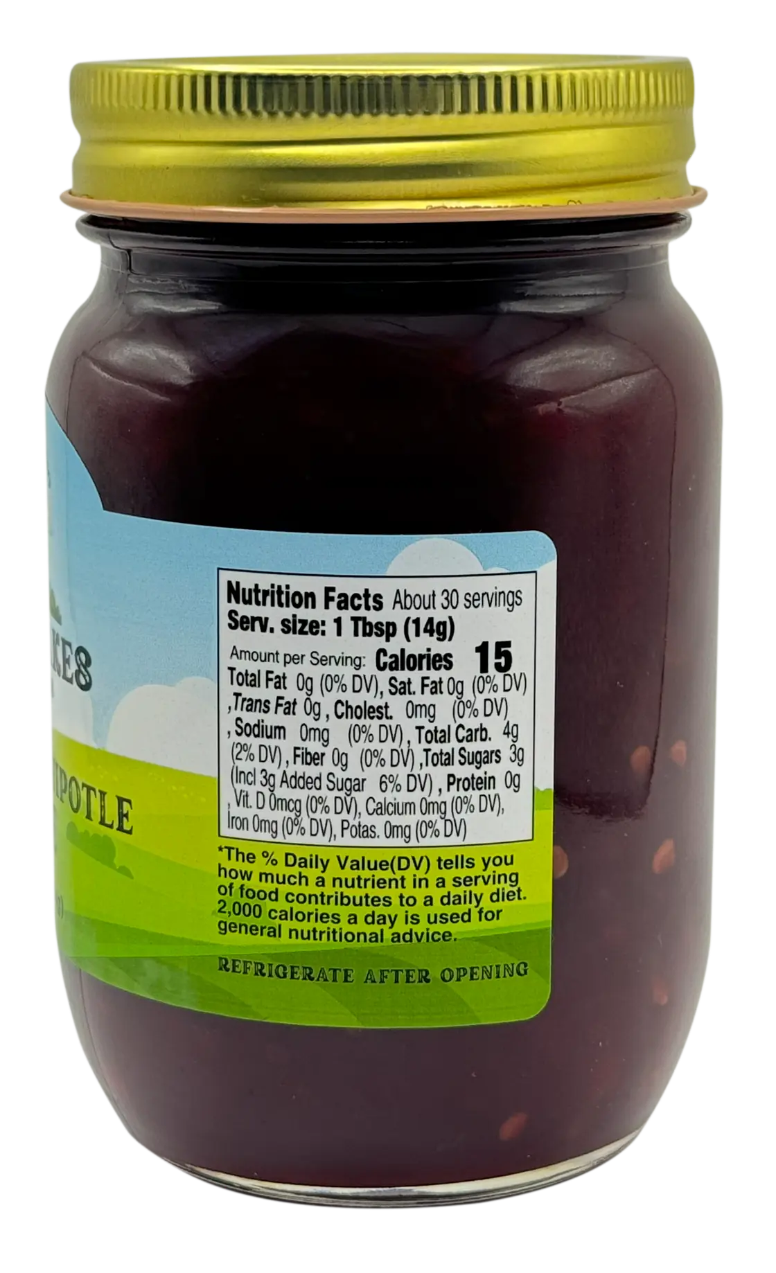 alt="Great Lakes Preserves Raspberry Chipotle Sauce — nutrition facts label close-up on 16 oz jar