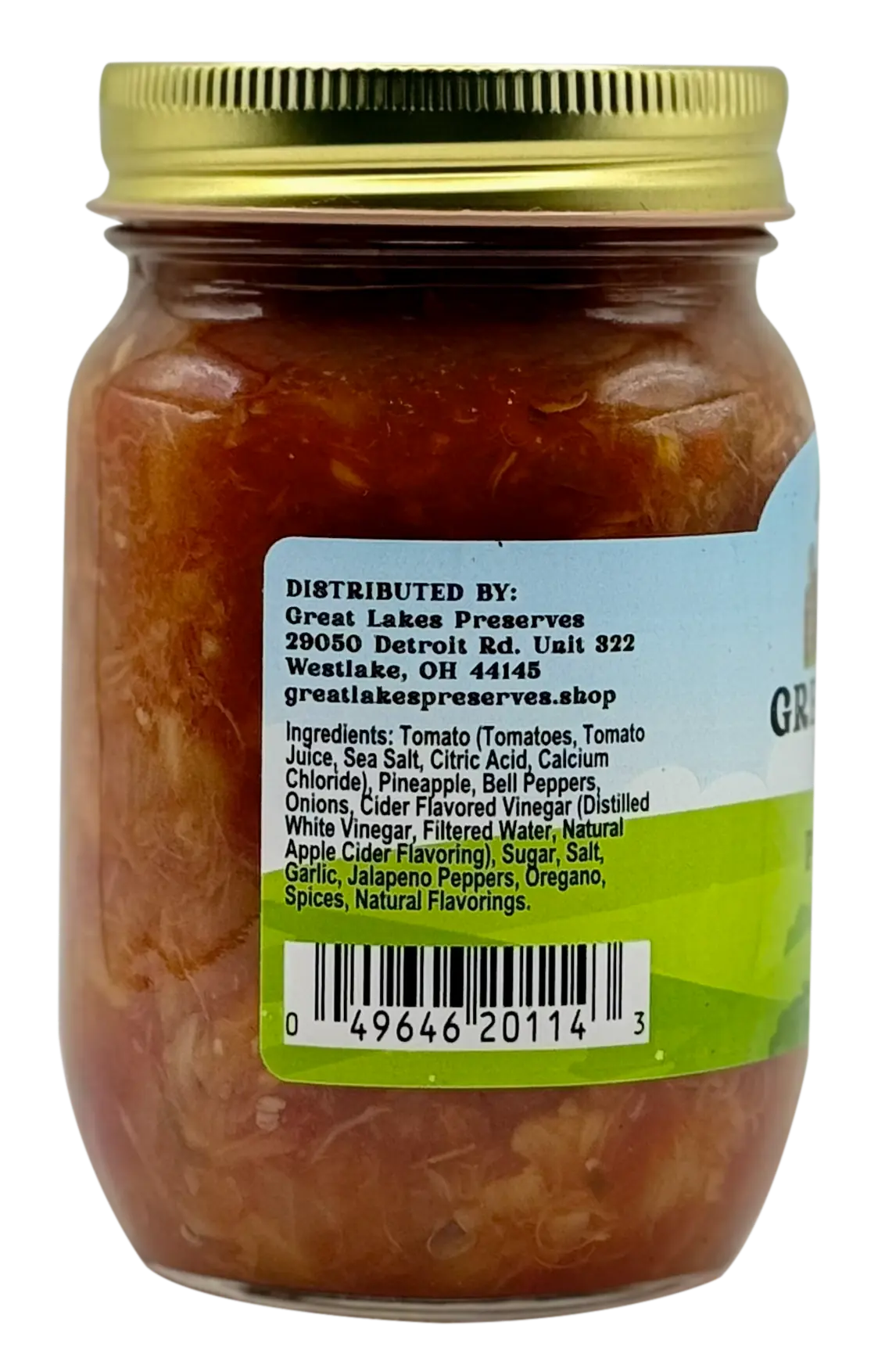 Great Lakes Preserves Pineapple Salsa — ingredients and distributor side label with barcode on 14.5 oz jar