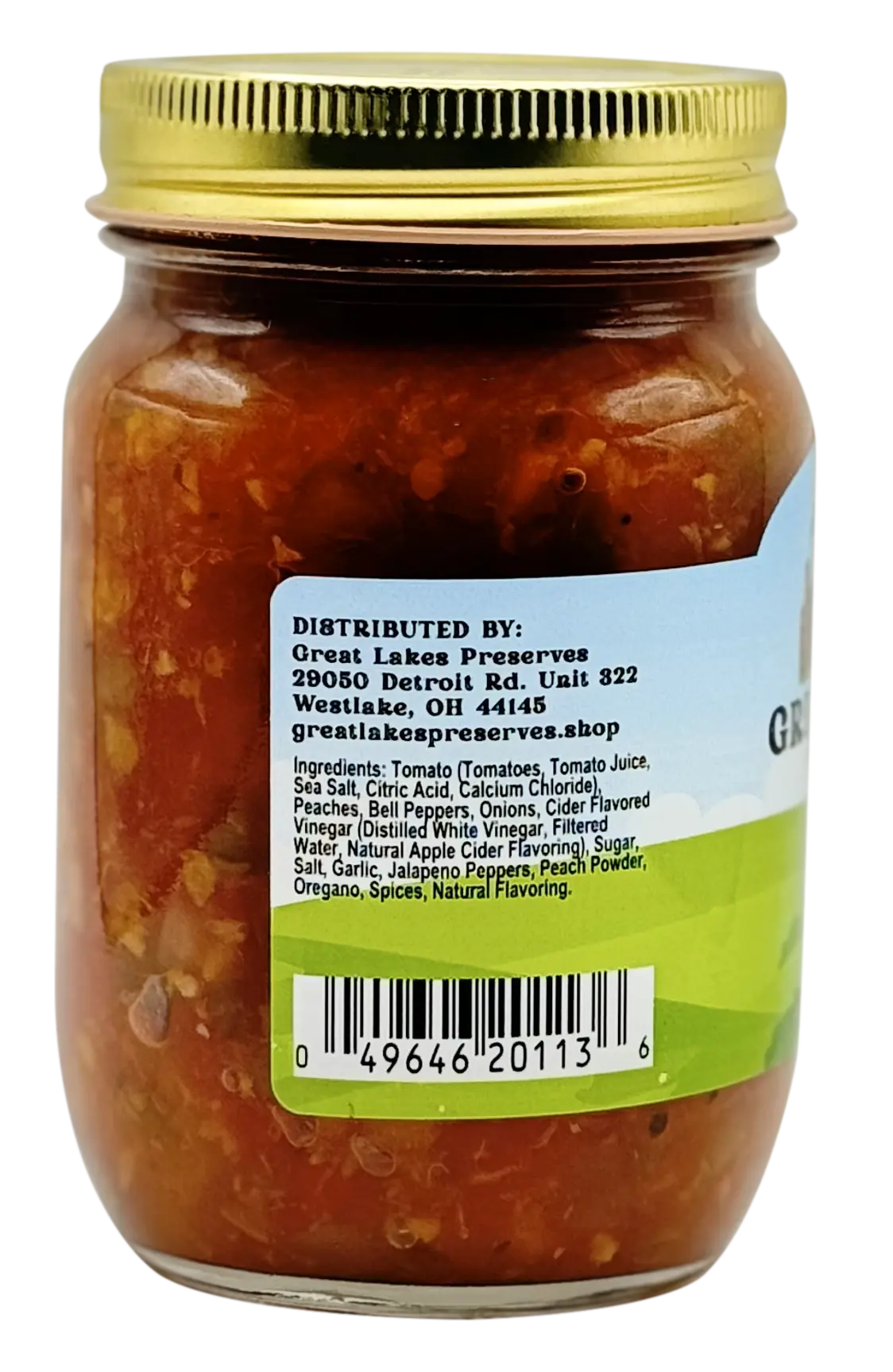 Great Lakes Preserves Peach Salsa — ingredients and distributor side label with barcode on 14.5 oz jar