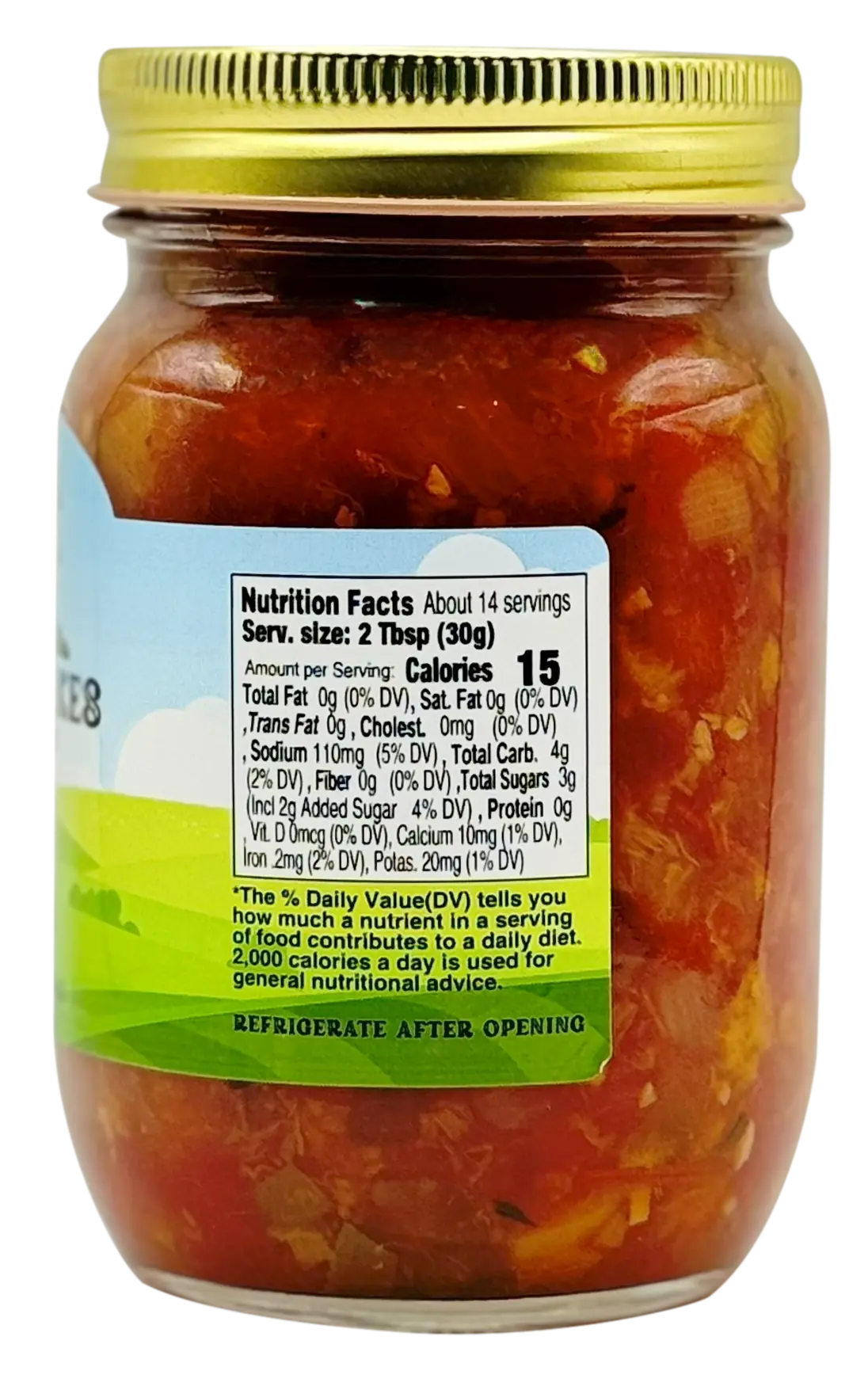 alt="Great Lakes Preserves Peach Salsa — nutrition facts panel close-up on 14.5 oz jar