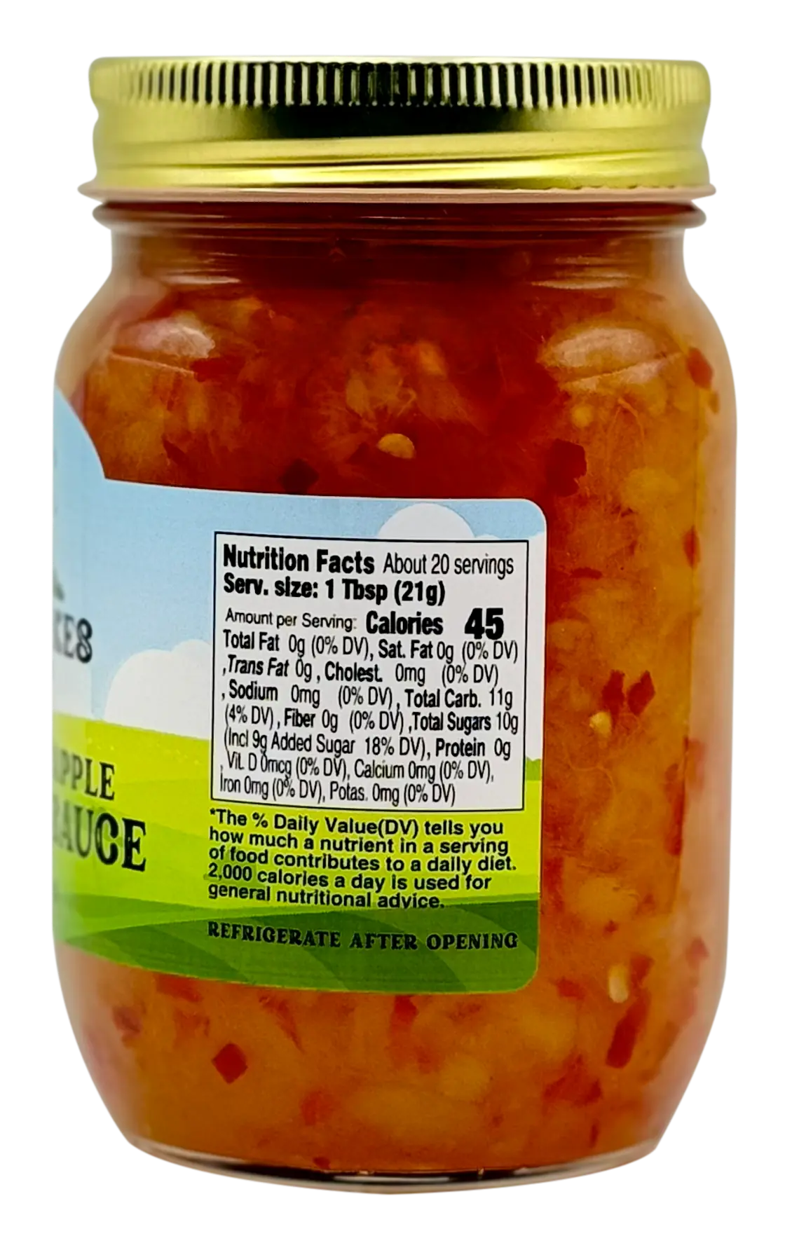 Ohio Farm-Fresh Preserves Roasted Pineapple Habanero Sauce — nutrition facts panel close-up on 16 oz jar