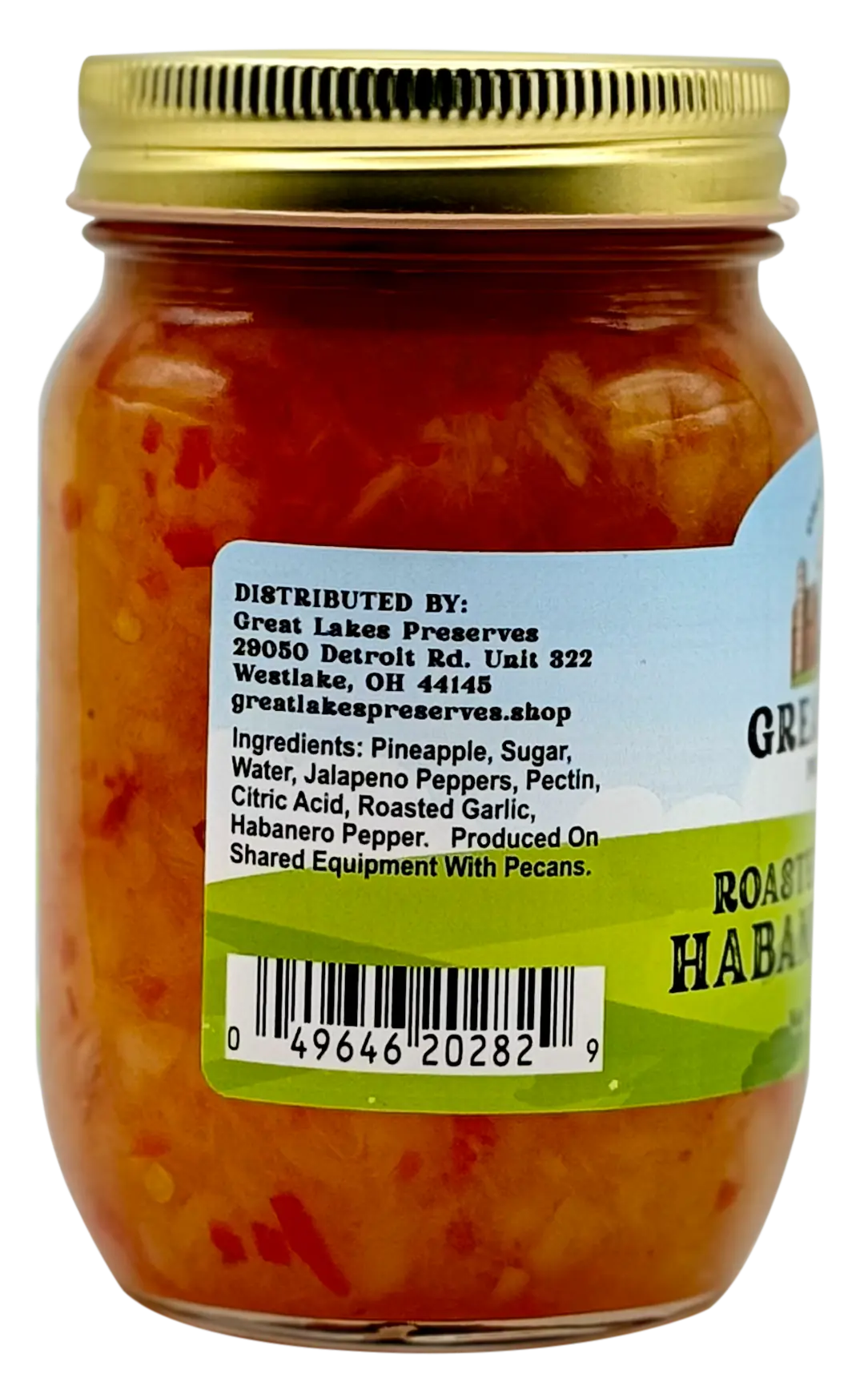 Ohio Farm-Fresh Preserves Roasted Pineapple Habanero Sauce — ingredients and distributor side label with barcode on 16 oz jar
