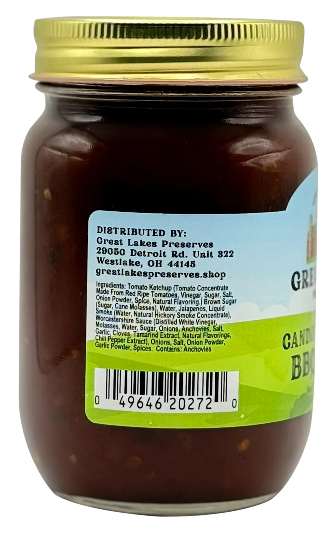 Great Lakes Preserves Candied Jalapeno BBQ Sauce — ingredients and distributor side label with barcode on 16 oz jar