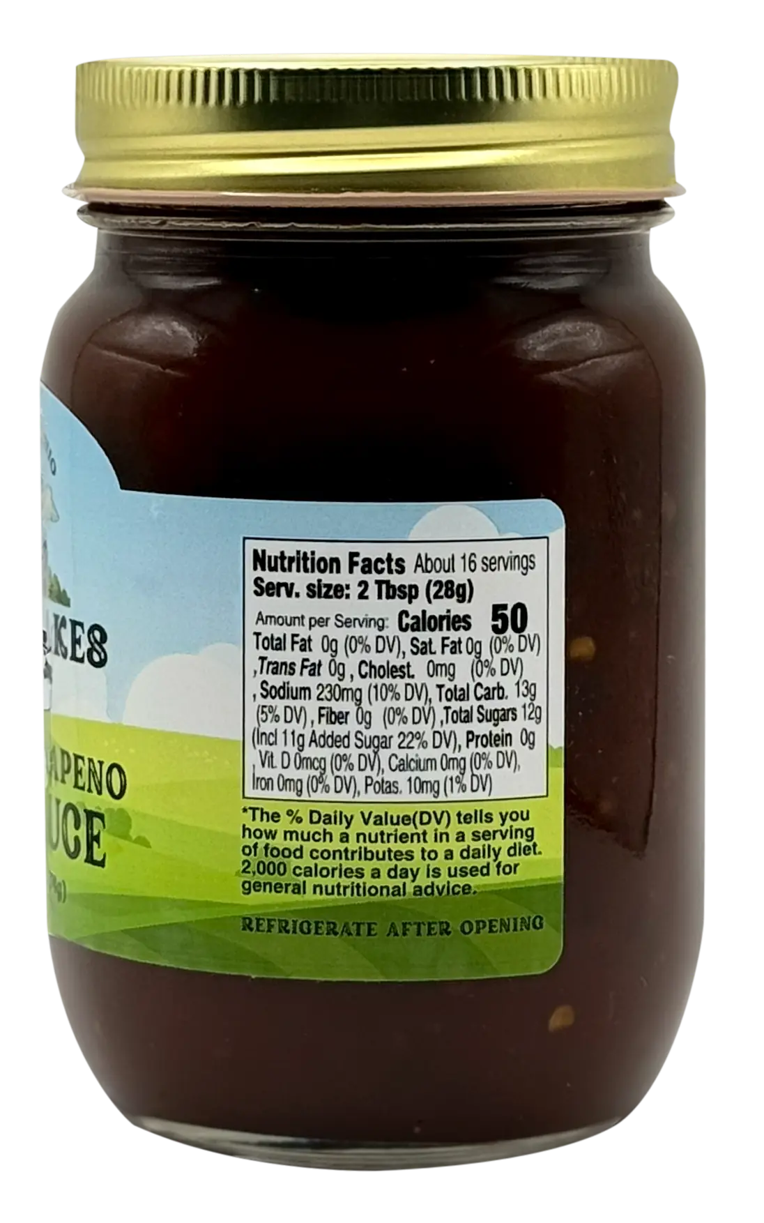 Great Lakes Preserves Candied Jalapeno BBQ Sauce — nutrition facts panel close-up on 16 oz jarGreat Lakes Preserves Candied Jalapeno BBQ Sauce — nutrition facts panel close-up on 16 oz jar