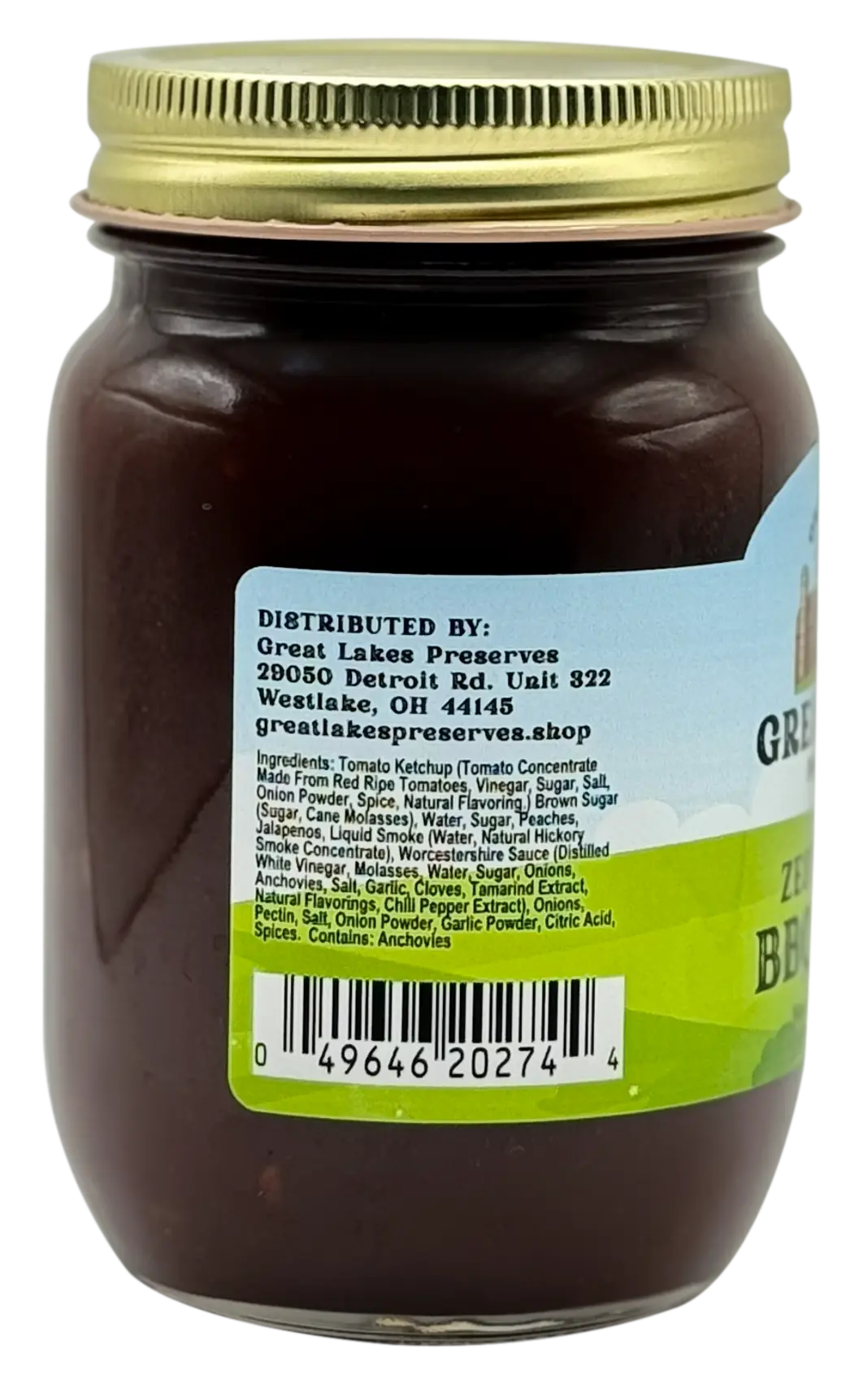 Great Lakes Preserves Zesty Peach BBQ Sauce — ingredients and distributor side label with barcode on 16 oz jar
