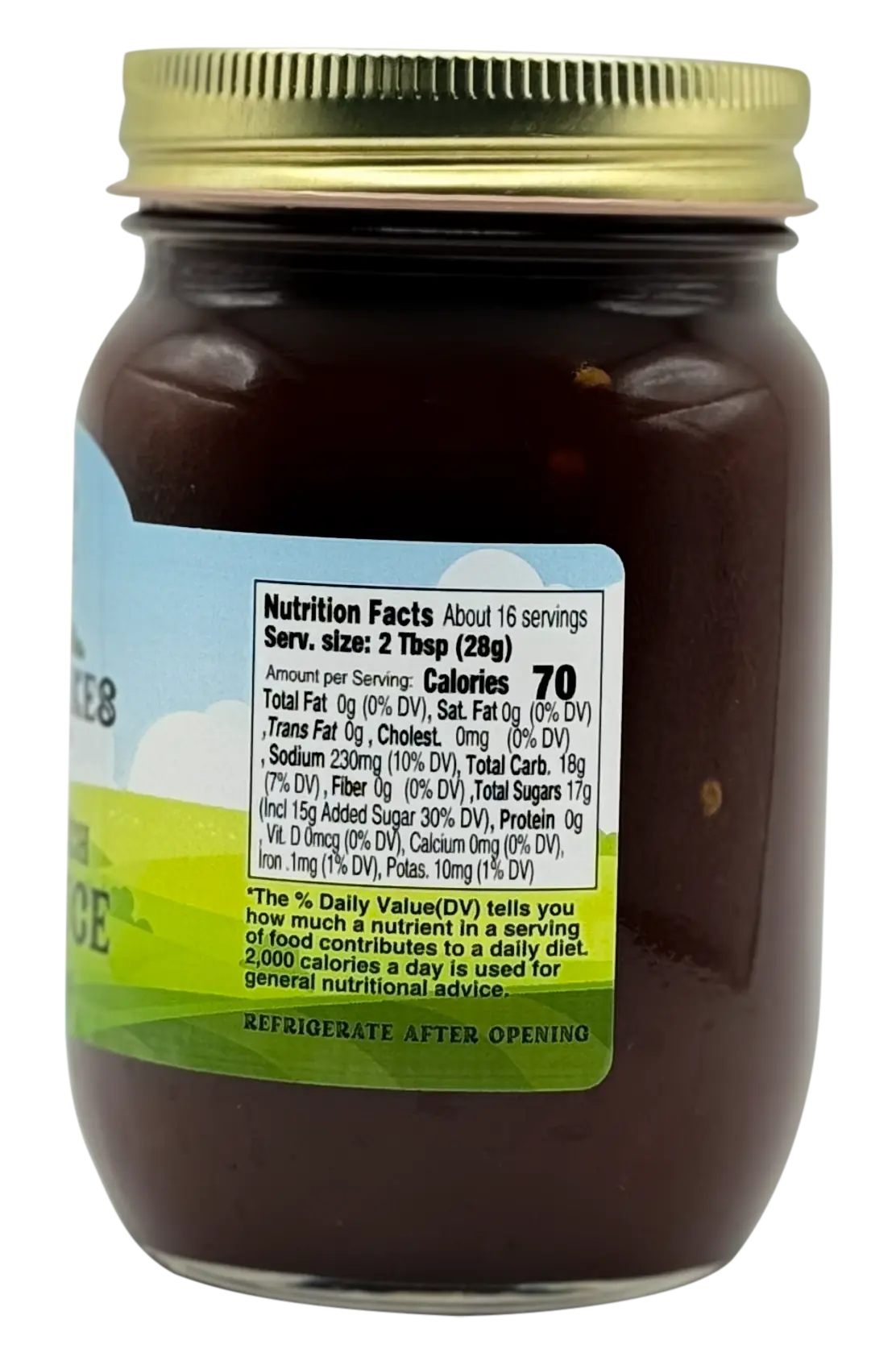 Great Lakes Preserves Zesty Peach BBQ Sauce — nutrition facts panel close-up on 16 oz ja