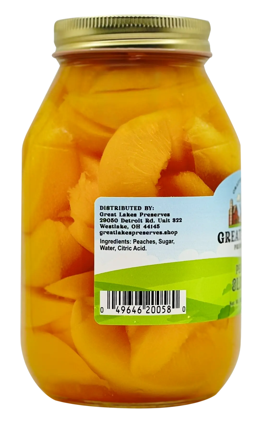 Great Lakes Preserves Peach Slices — ingredients and distributor side label with barcode on 32 oz jar
