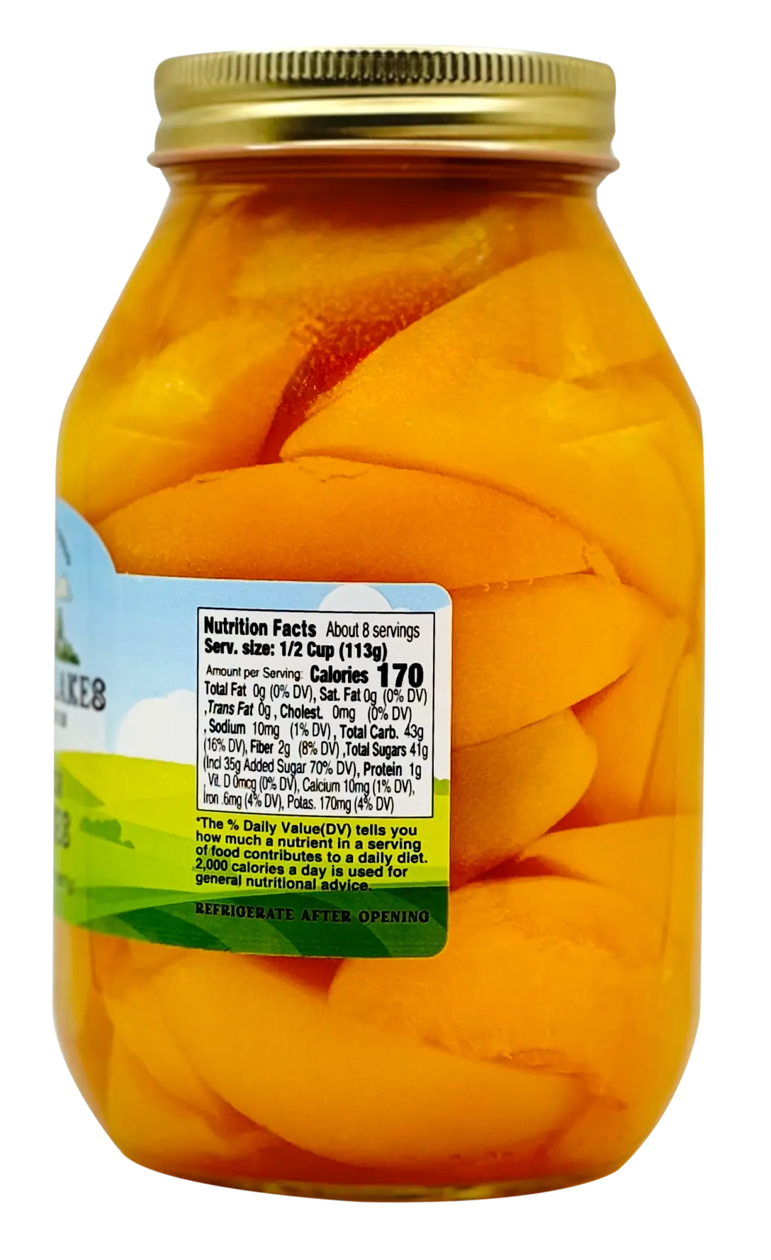 Great Lakes Preserves Peach Slices — nutrition facts panel close-up on 32 oz jar