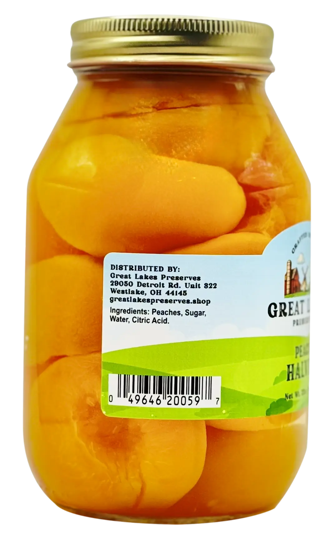 Great Lakes Preserves Peach Halves — ingredients and distributor side label with barcode on 32 oz jar