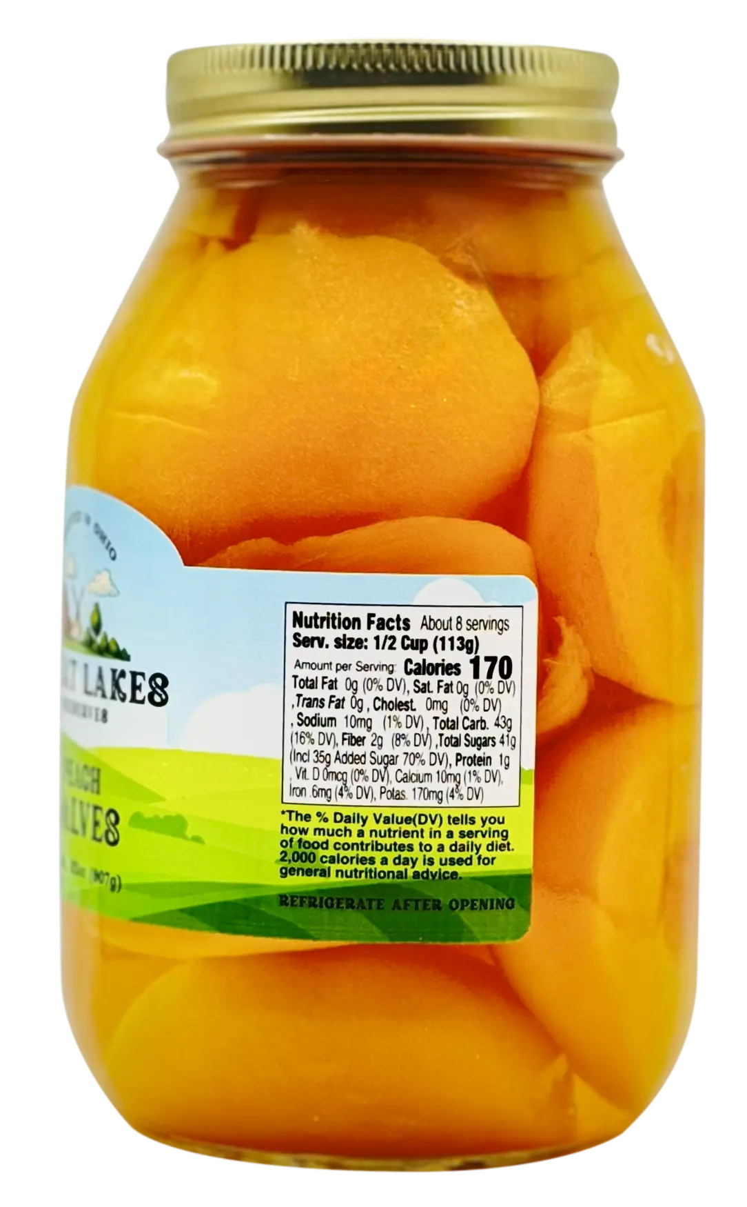 Great Lakes Preserves Peach Halves — nutrition facts panel close-up on 32 oz jar