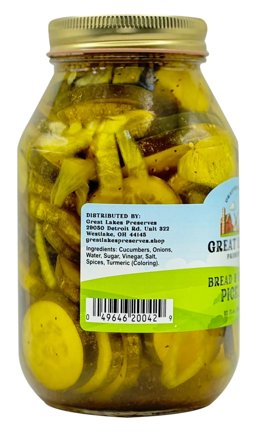 Great Lakes Preserves Bread & Butter Pickles — ingredients and distributor side label with barcode on 32 oz jar