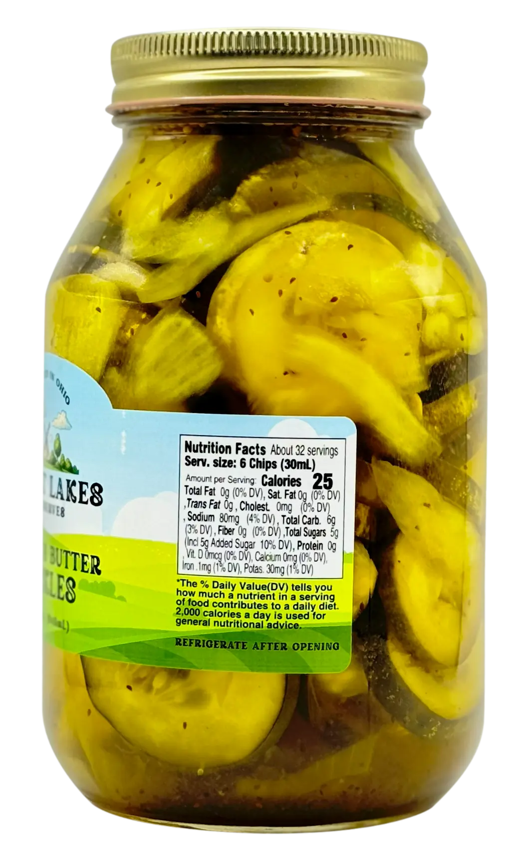 Great Lakes Preserves Bread & Butter Pickles — nutrition facts panel close-up on 32 oz jar