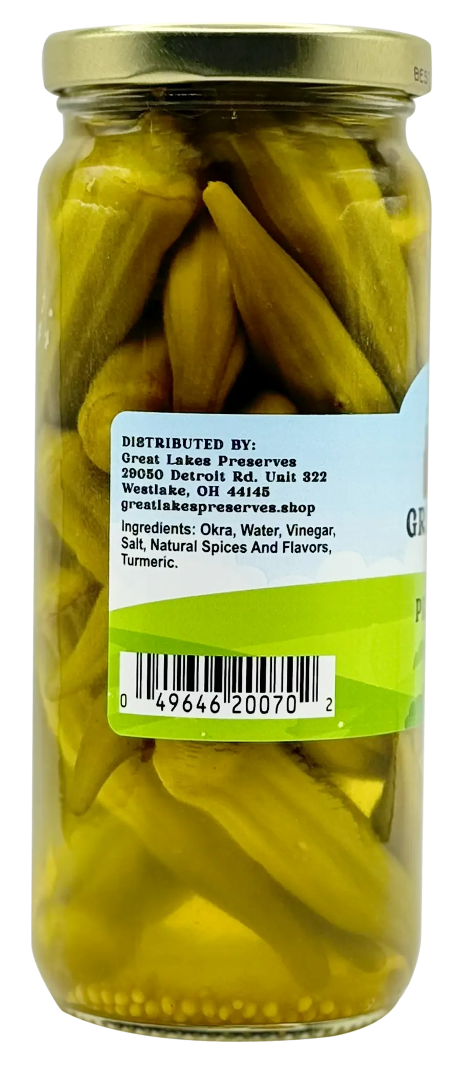 Great Lakes Preserves Pickled Mild Okra — ingredients and distributor side label with barcode on 16 oz jar