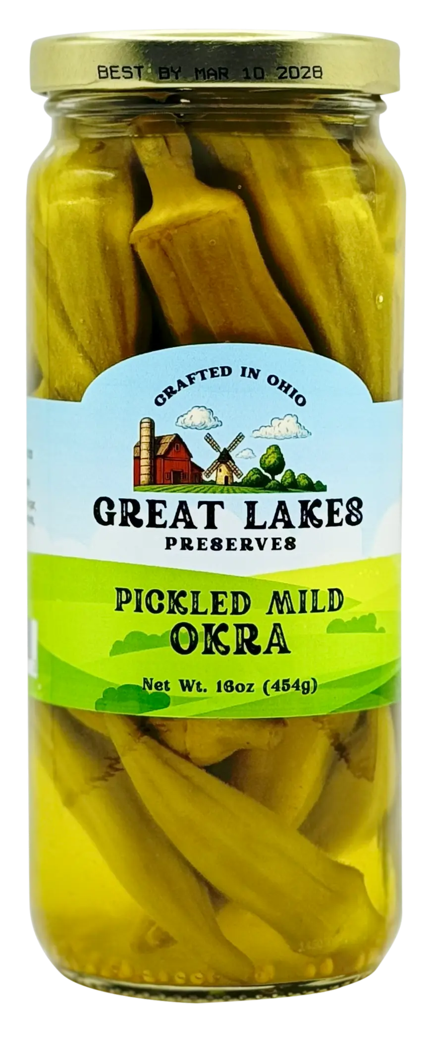 Great Lakes Preserves Pickled Mild Okra — 16 oz glass jar front label, crafted in Ohio