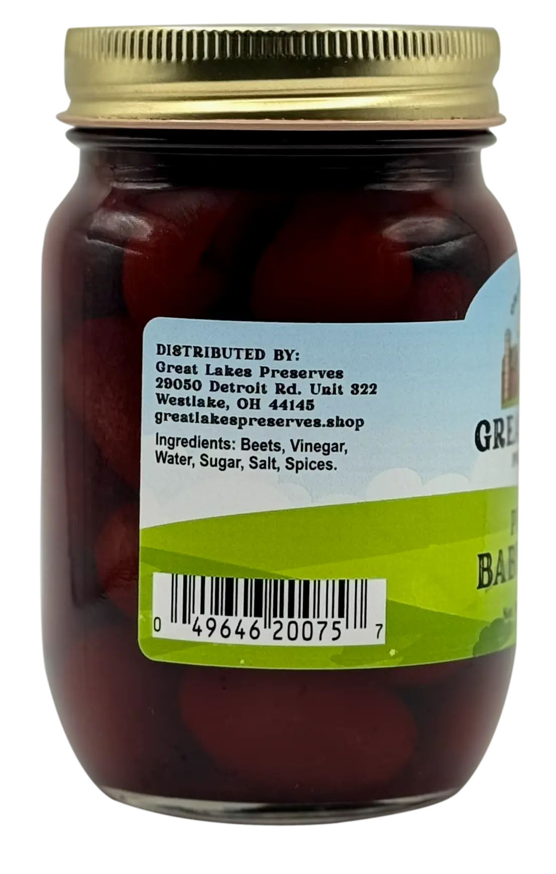 Great Lakes Preserves Pickled Baby Beets — ingredients and distributor side label with barcode
