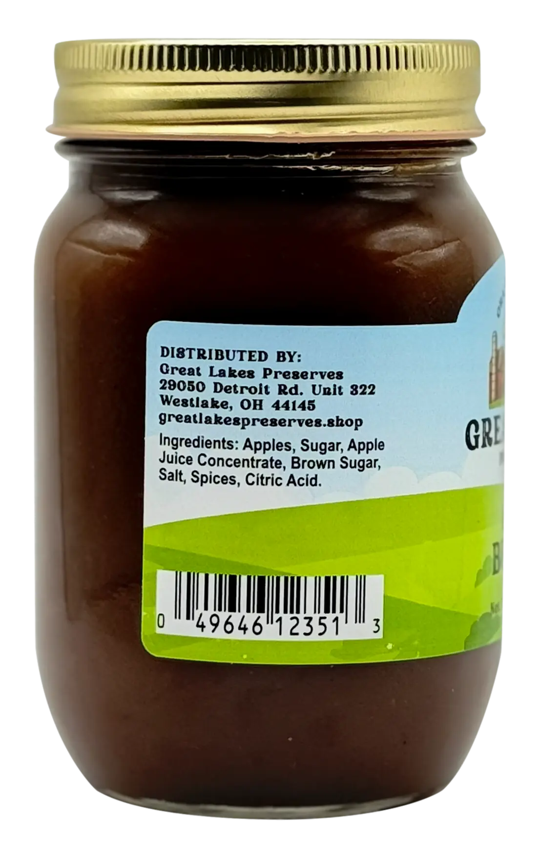 Great Lakes Preserves Apple Butter — ingredients and distributor side label with barcode on 16 oz jar