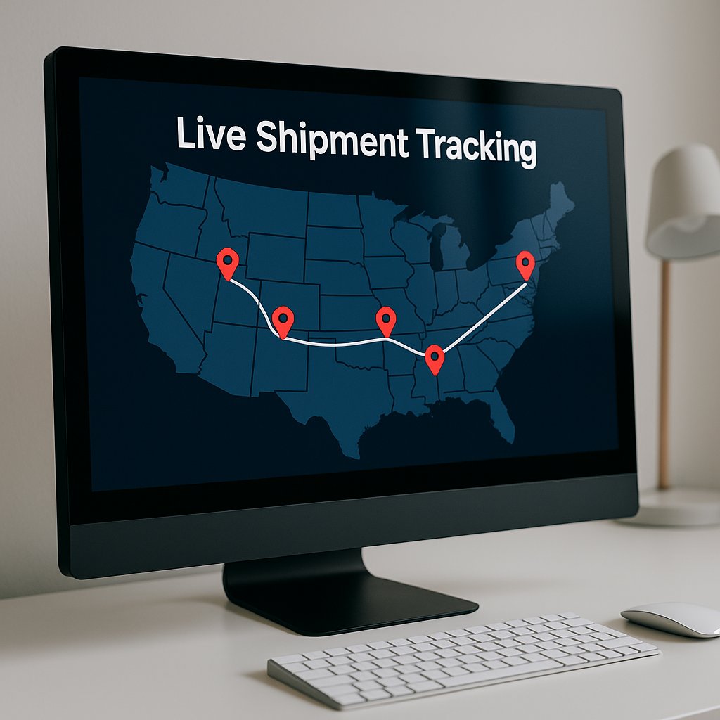 Computer screen displaying U.S. map with live shipment tracking pins and route lines showing delivery progress.