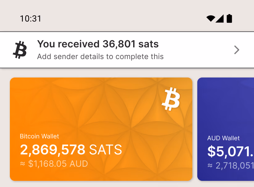 A notice at the top of the AmberApp home screen saying Bitcoin has arrived and sender details are needed