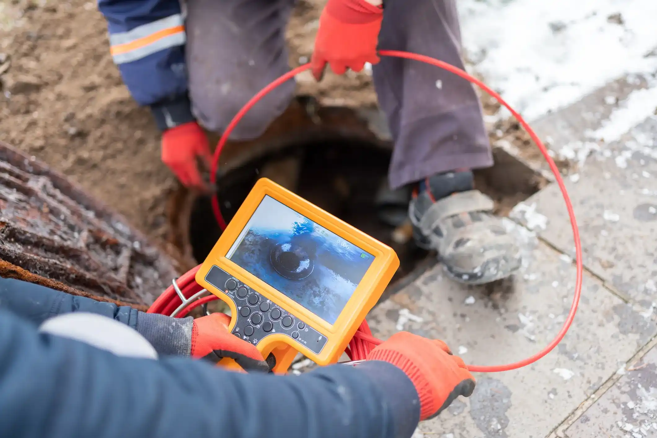 Technicians using sewer inspection camera with orange monitor and red cable outdoors on snowy ground
