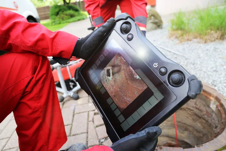 Technician in red protective gear inspecting underground infrastructure using tablet near open manhole