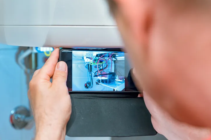 A man inspecting a sewer system using a camera and viewing the scene in a small monitor screen