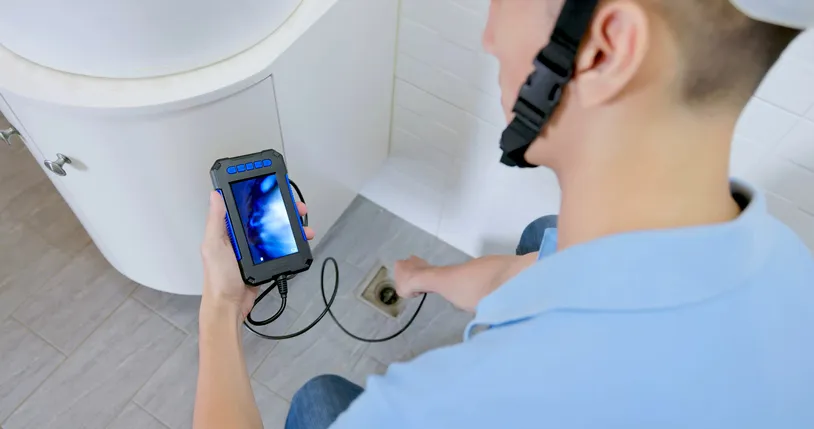 A plumber is trying to inspect sewer using a camera 