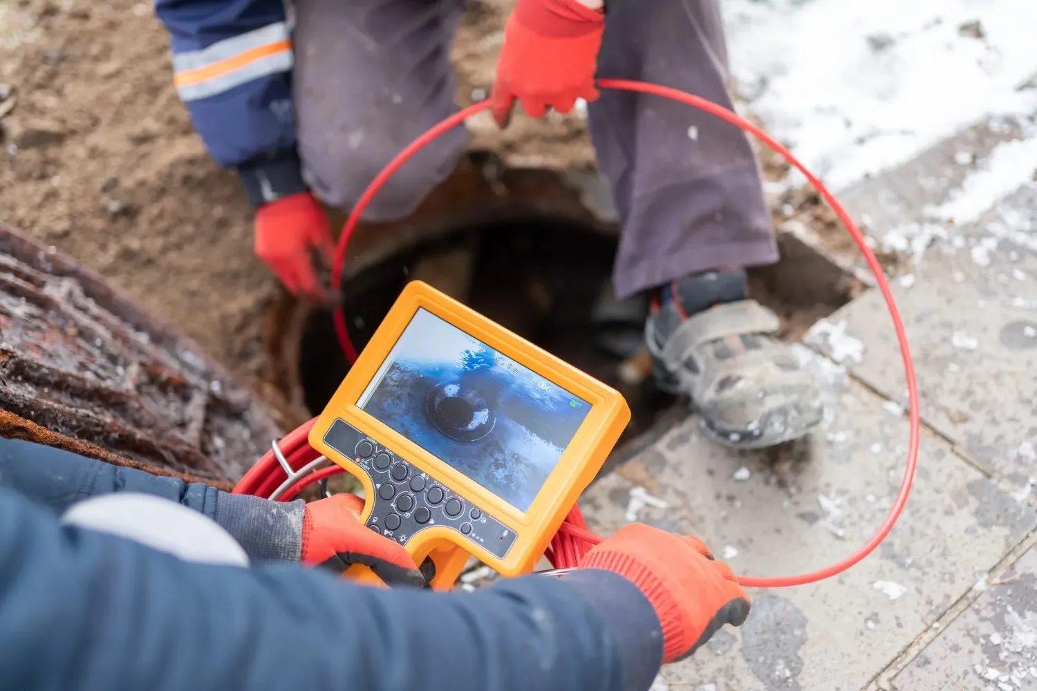 Plumbing team inspecting sewer with camera and repairing the sewer system