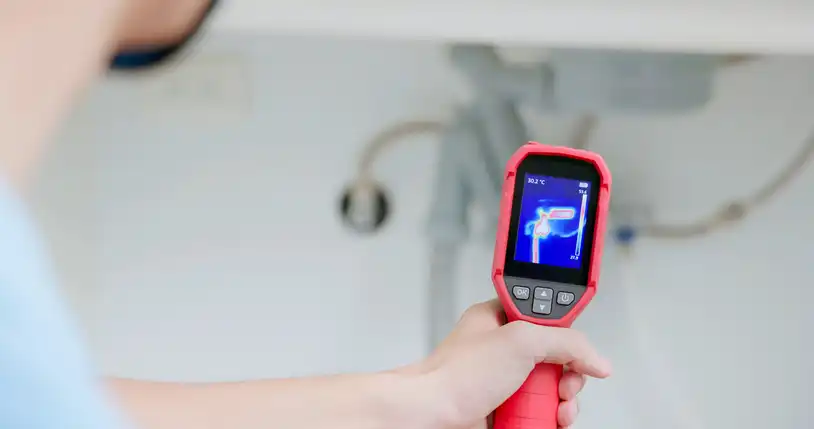 Person using a red thermal imaging camera to scan heat patterns near plumbing infrastructure