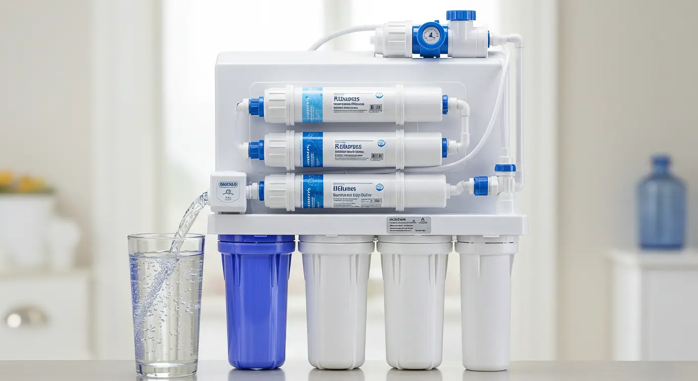 A modern water filtration system with a digital display, filtering components, and a glass of clean water beside it.