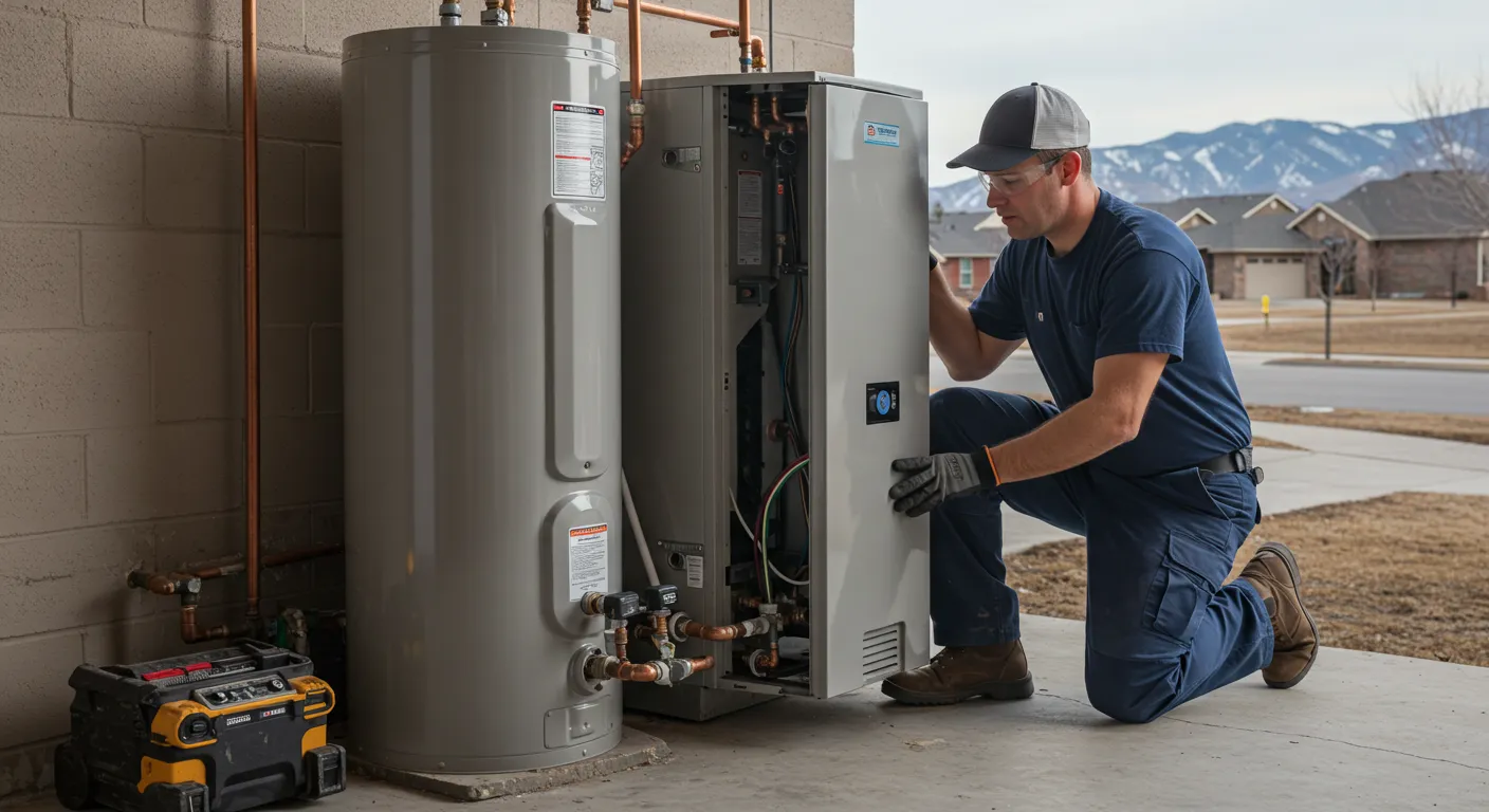 Technician in blue uniform repairing water heater unit in residential garage with toolbox nearby