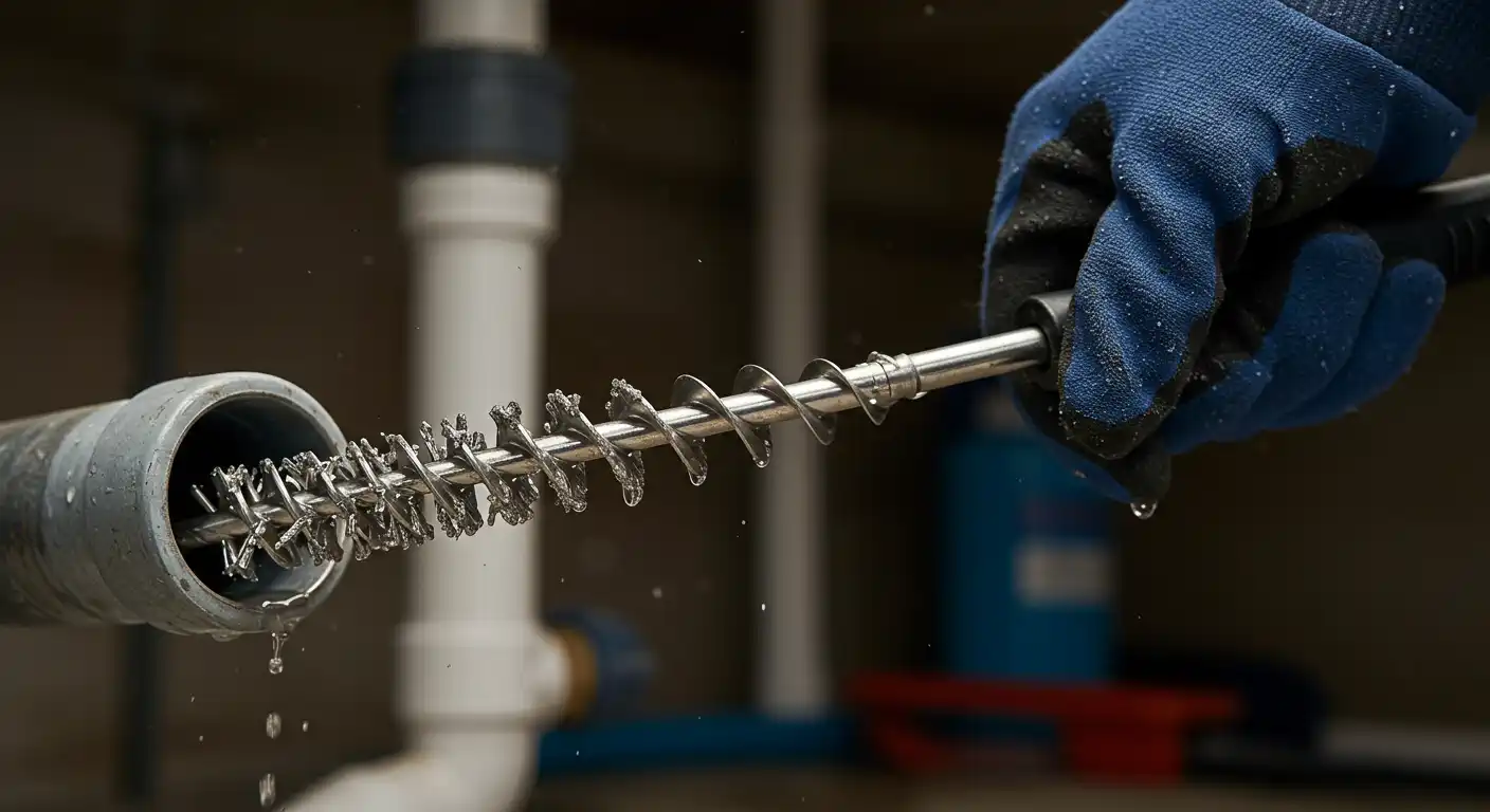 A gloved hand holds a metal drain auger above a pipe, with water droplets splashing as it cleans a blocked drain.