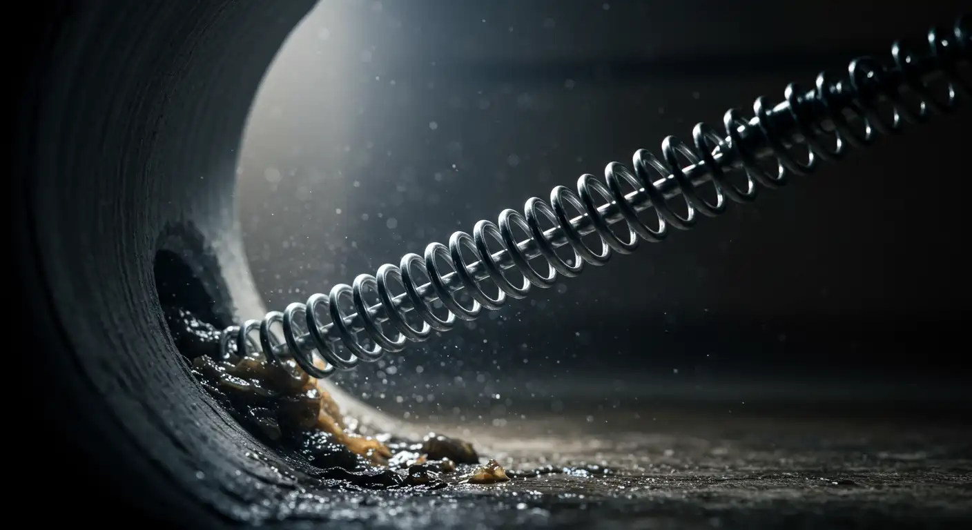 A plumbing snake emerging from a dark pipe, dislodging clumps of sludge, with droplets of water glistening in ambient light.