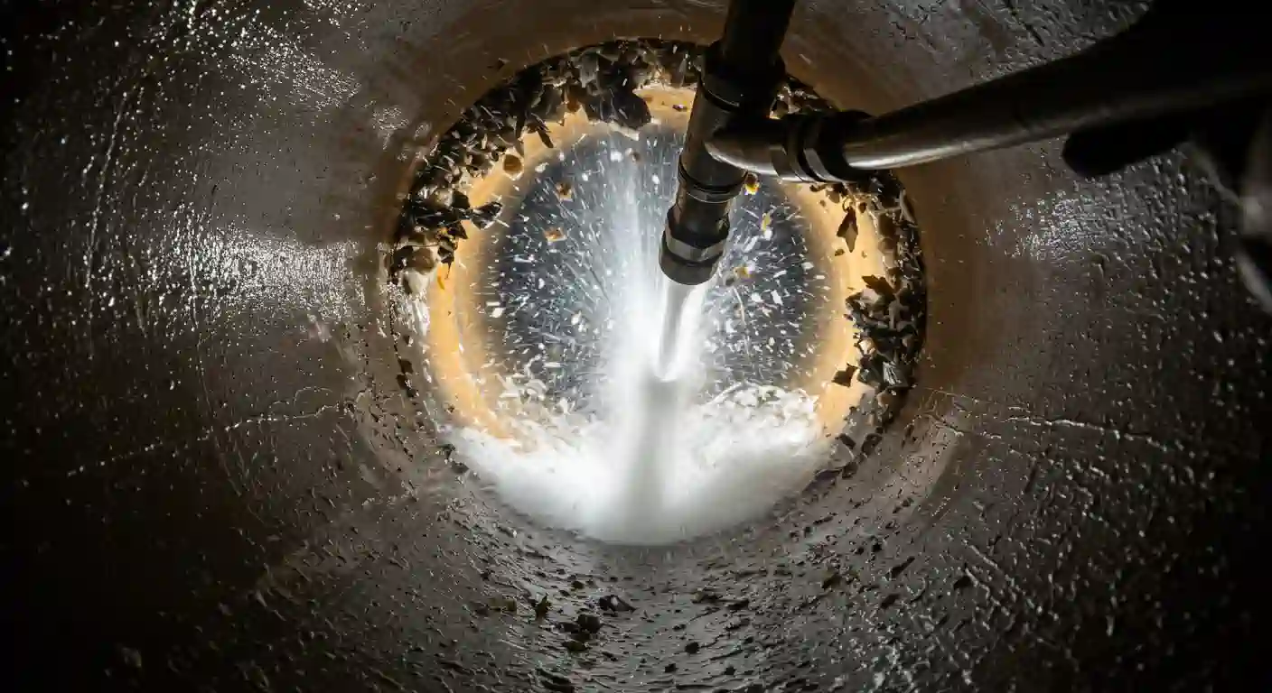A close-up view of a powerful water jet cleaning a sewer pipe, with debris and spray visible inside the cylindrical tunnel.