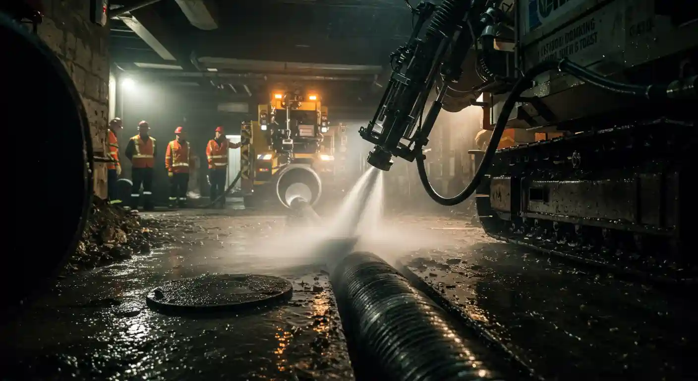 A foggy underground scene shows workers in safety gear overseeing machinery spraying water on a large black pipeline.
