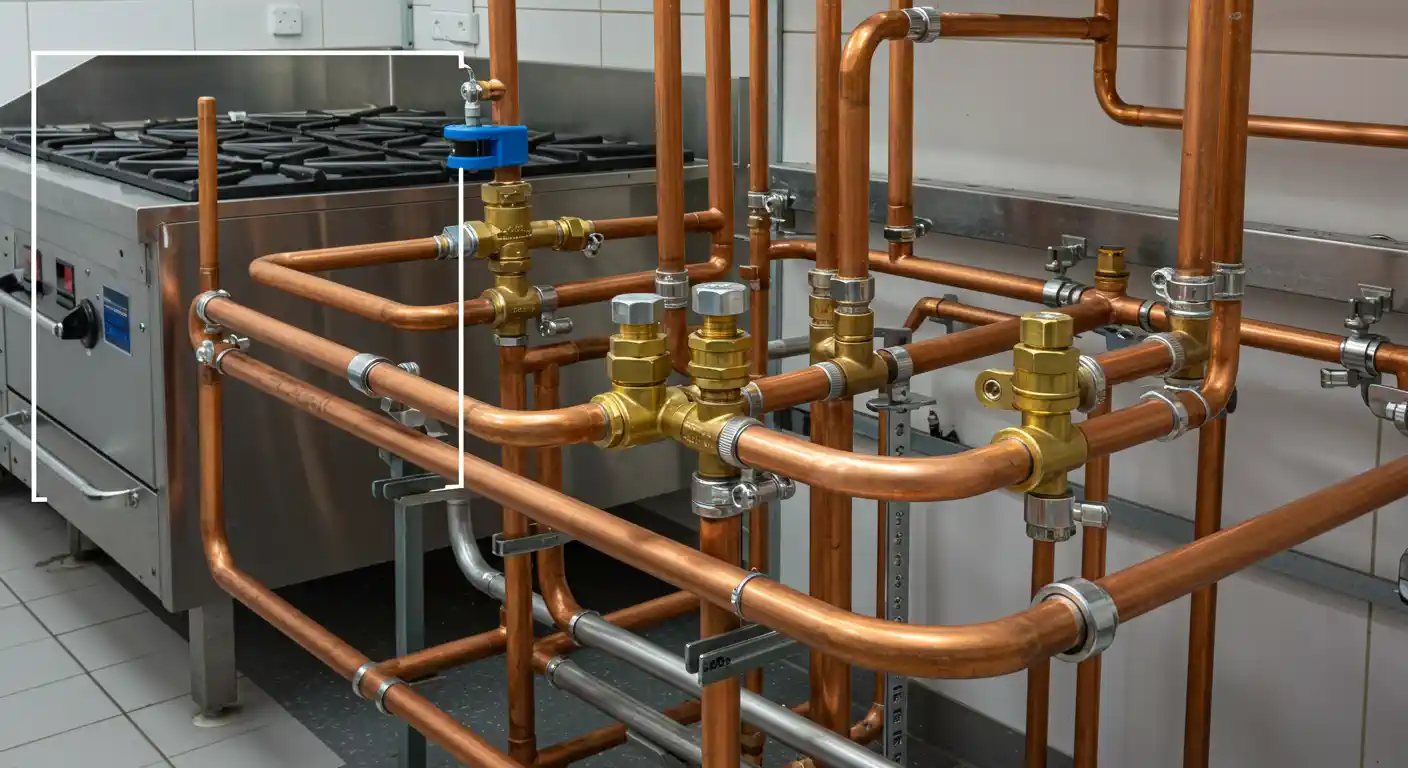 A complex network of copper and brass pipes and valves adjacent to a commercial gas stove in a kitchen setting.