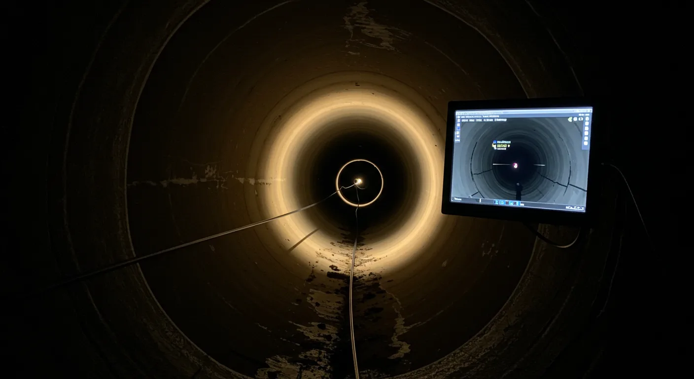 A view looking down a dark pipe with a monitor displaying a live feed of the interior, highlighting inspection details.