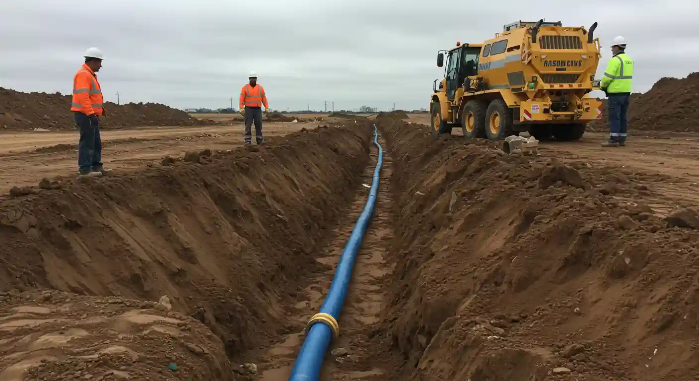 Construction workers oversee a long trench containing a blue pipeline, with heavy machinery nearby on a cloudy day.