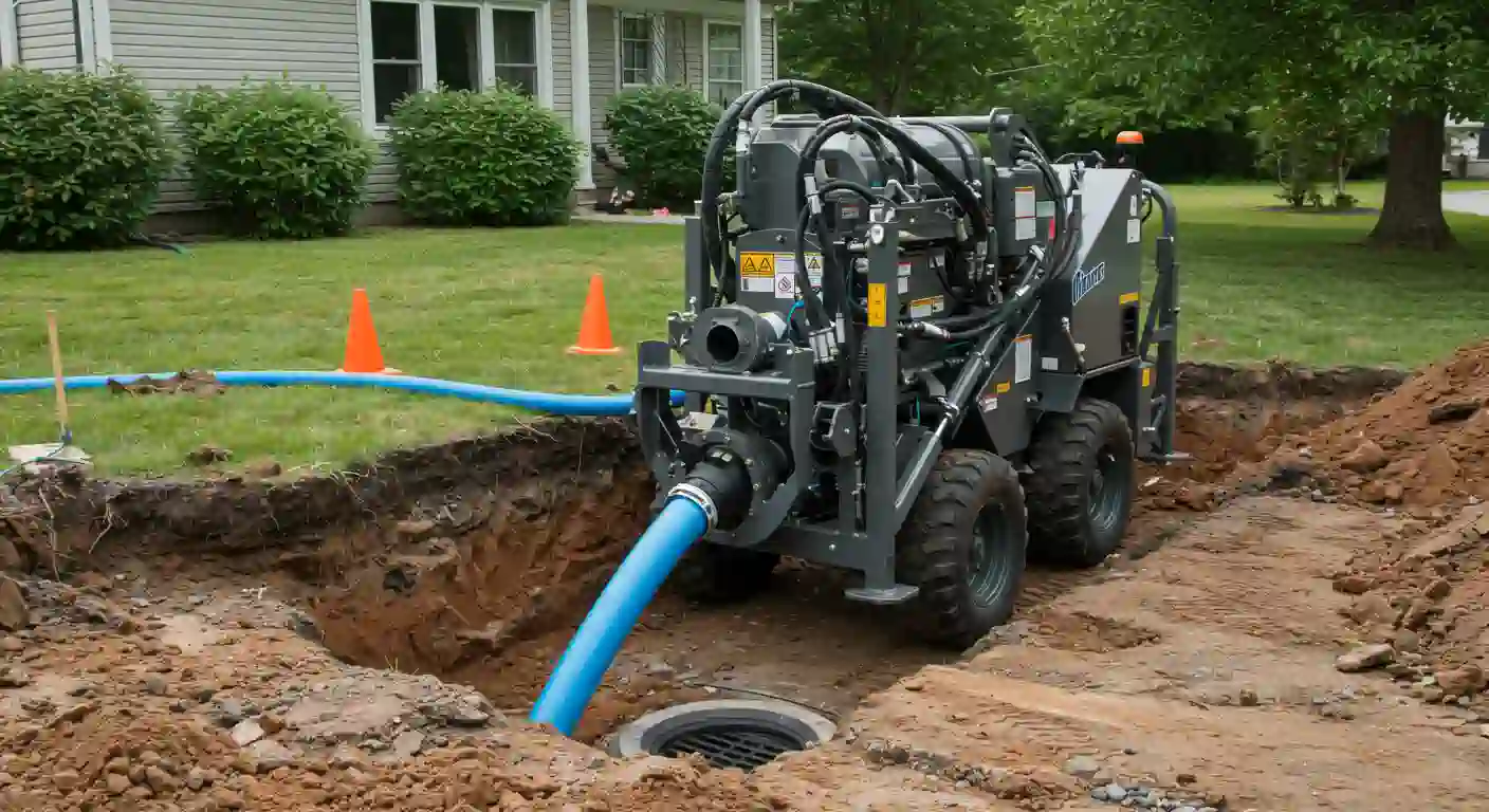 A trench digging machine with a blue hose is positioned near a home, surrounded by orange cones and freshly dug earth.