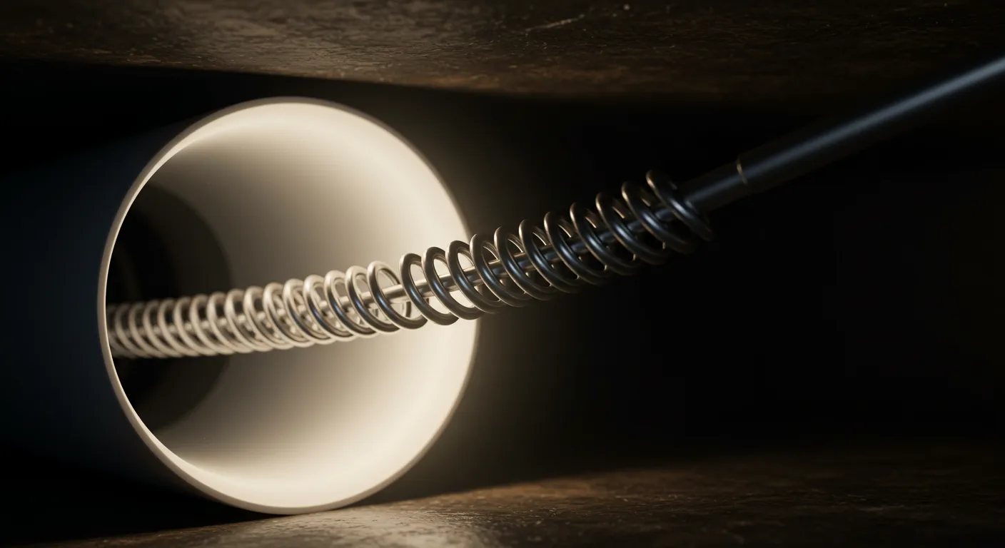 A close-up view of a metallic spiral tool, illuminated inside a dark cylindrical pipe, highlighting its intricate design.