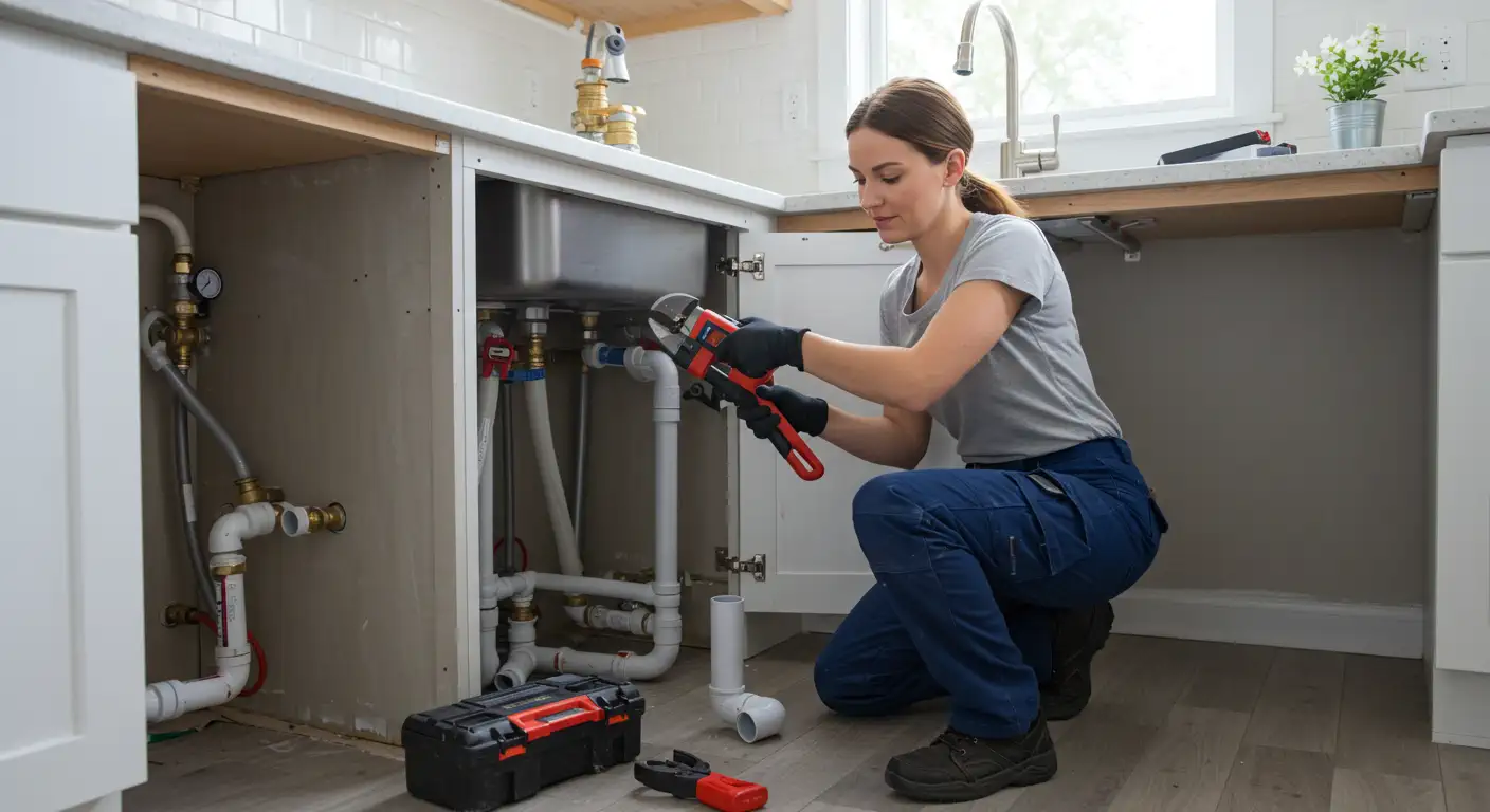 A person wearing gloves works on plumbing under a kitchen sink, using a wrench with tools nearby on the floor.