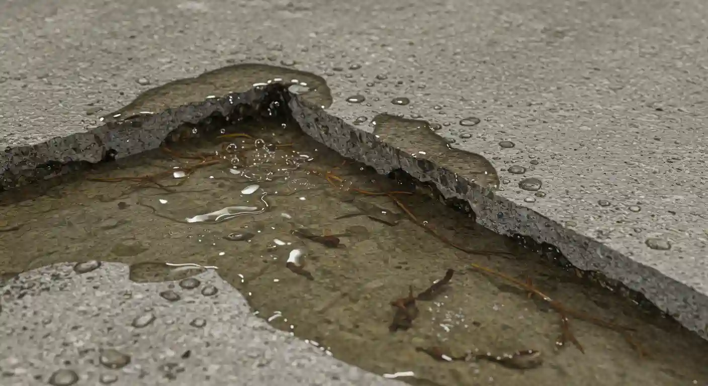 A cracked concrete surface filled with standing water, reflecting droplets and bits of debris, creating a damp, uneven texture.